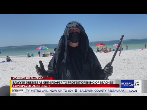 Lawyer dresses as grim reaper to protest opening of beaches