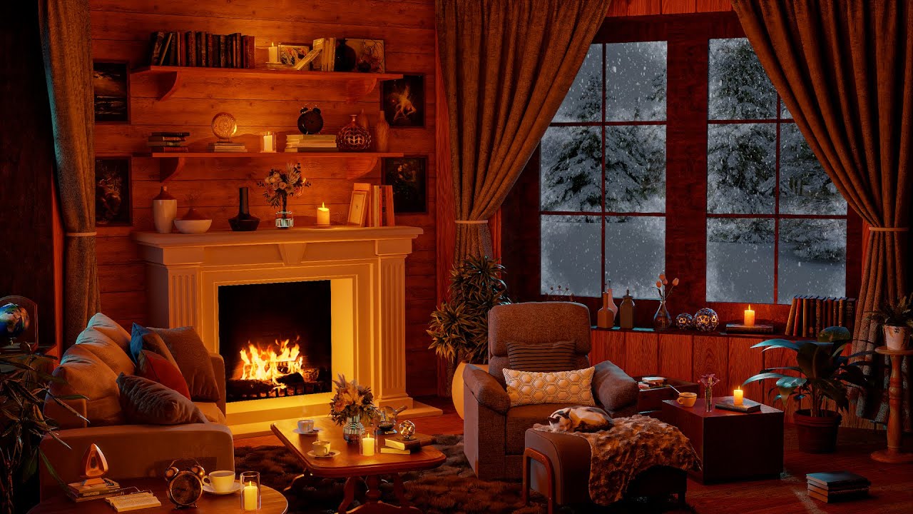 Дом в лесу под снегом | Расслабьтесь со снегопадом и камином для сна