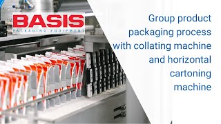 Group product packaging process with collating machine and horizontal cartoning machine