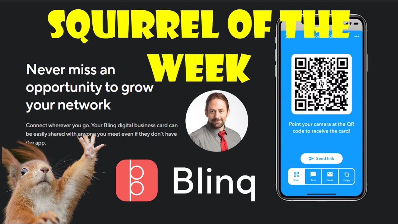 a Squirrel looking at a phone with a QR code and Blinq business card with a man in a circle