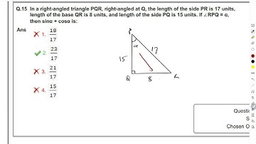 15. In a right-angled triangle PQR, right-angled at Q, the length of the side PR is 17 units, length