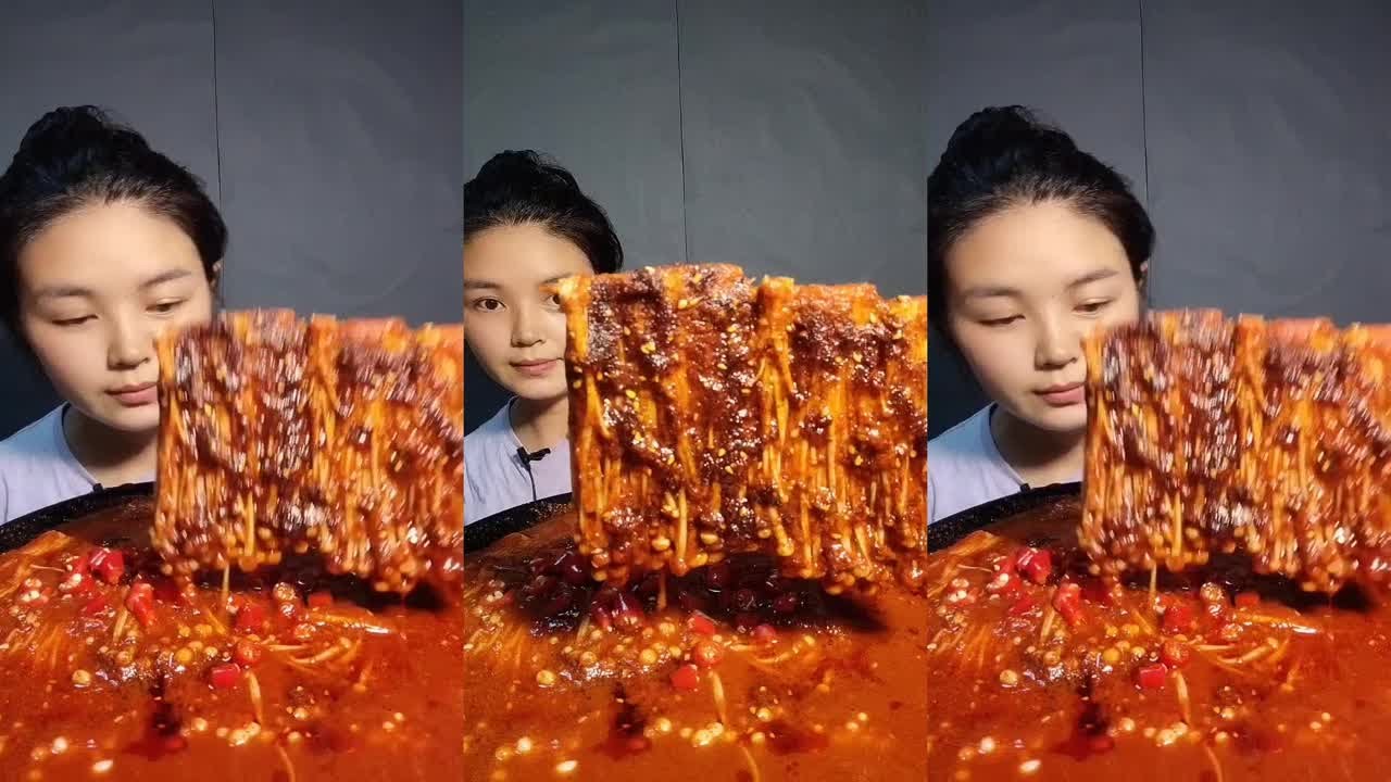 to the Video of eating Chinese food such as noodles peppers