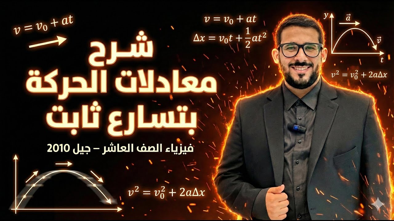 شرح معادلات الحركة بتسارع ثابت || فيزياء الصف العاشر جيل 2010.