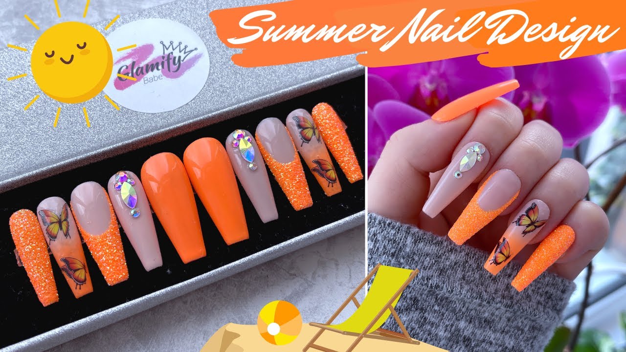 2. Neon Orange and Gold Glitter Nail Design - wide 2