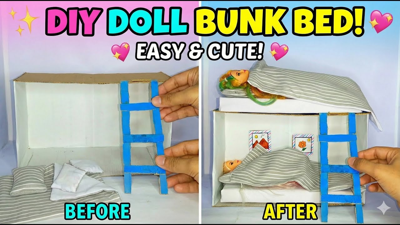 DIY Doll Bunk Bed 🛏️ Easy Bed Tutorial | Cute & Simple Doll Furniture Craft!