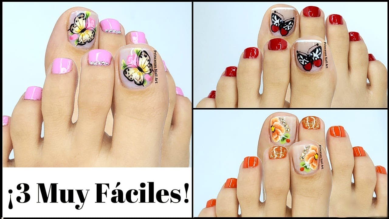 🔴  3 IDEAS de UÑAS decoradas de pies con FLORES y MARIPOSAS sencillas - PINCELADAS MANO ALZADA  🦋 💐