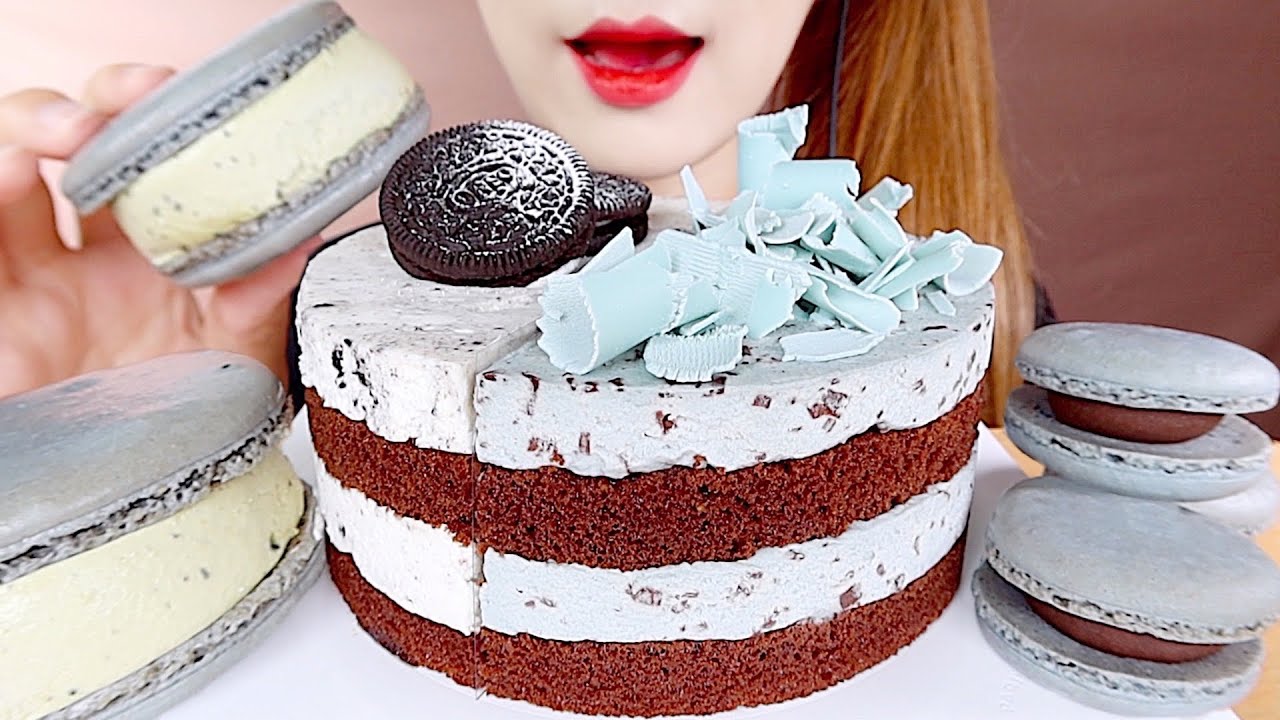 ASMR 민초반 쿠키반 케이크, 민트초코 마카롱 먹방 MINT CHOCOLATE CAKE, MINT CHOCOLATE MACARONS MUKBANG eating sounds