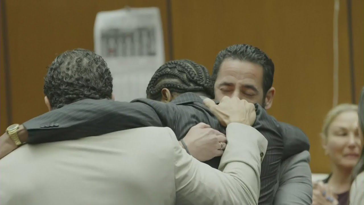 A$AP Rocky dives into audience to hug Rihanna after verdict announced