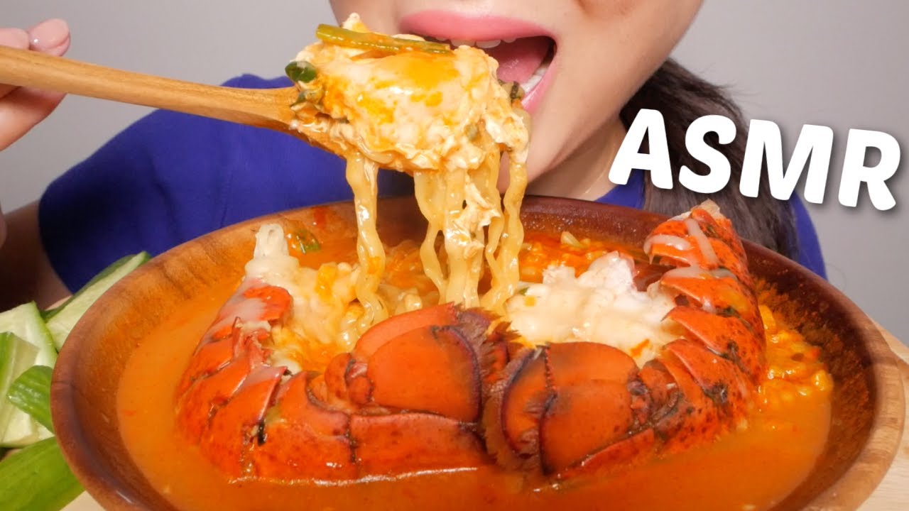 ASMR Cheesy Spicy Samyang Stew Noodles with Lobster Tail & Eggs *NO Talking Relaxing Eating Sound