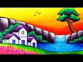 How to Draw Nature Scenery of Waterfall, Sunset and Houses | Easy Waterfall Sunset Scenery Drawing