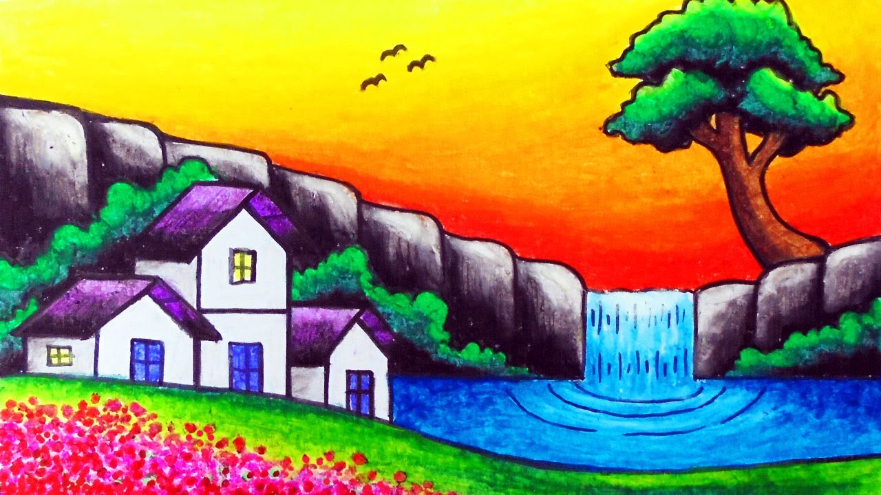 Featured image of post How To Draw Nature Scenery Of Waterfall Sunset And Houses : How to draw easy and beautiful sunset over waterfall scenery with oil pastels and color pencils for beginners.