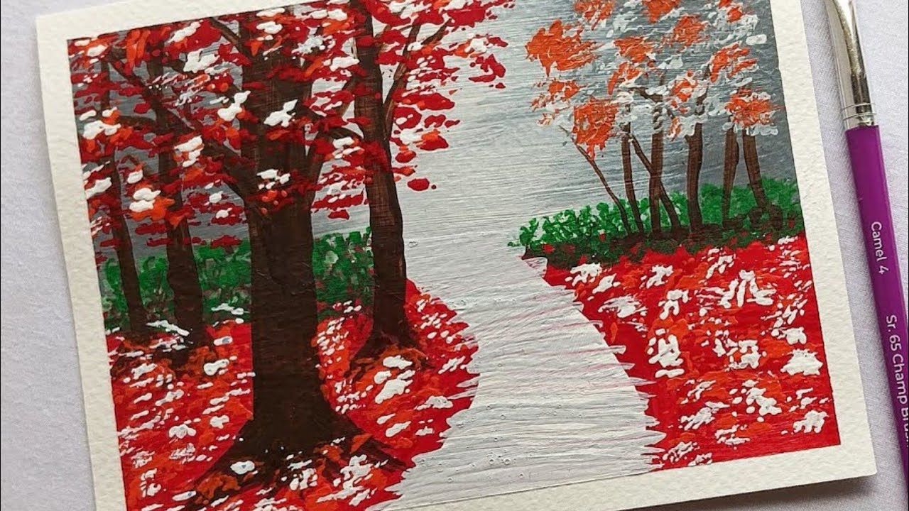 Easy forest scenery painting | Acrylic painting for beginners | Red forest painting