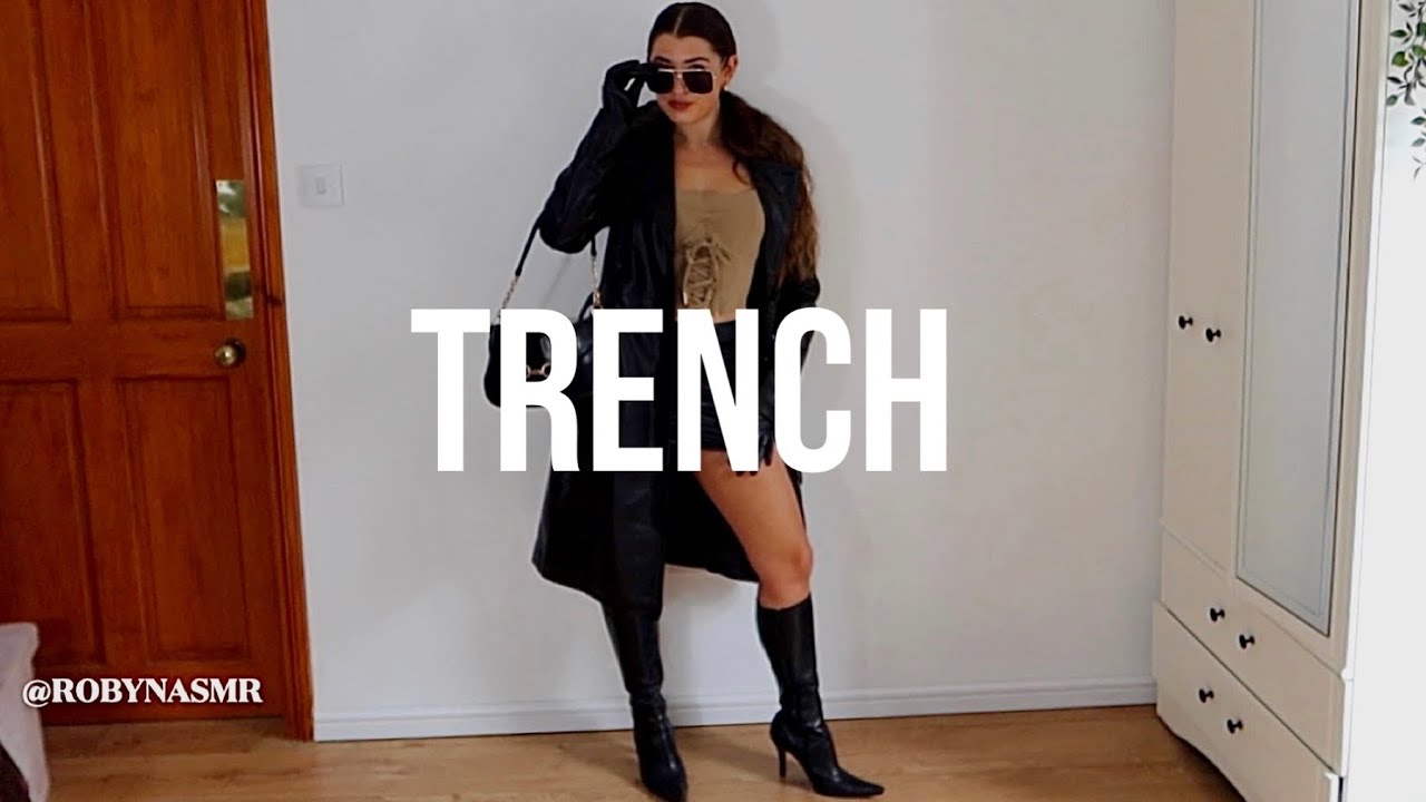 Leather Trench coat 🧥 ASMR fashion show try-on styling | stilettos & gloves