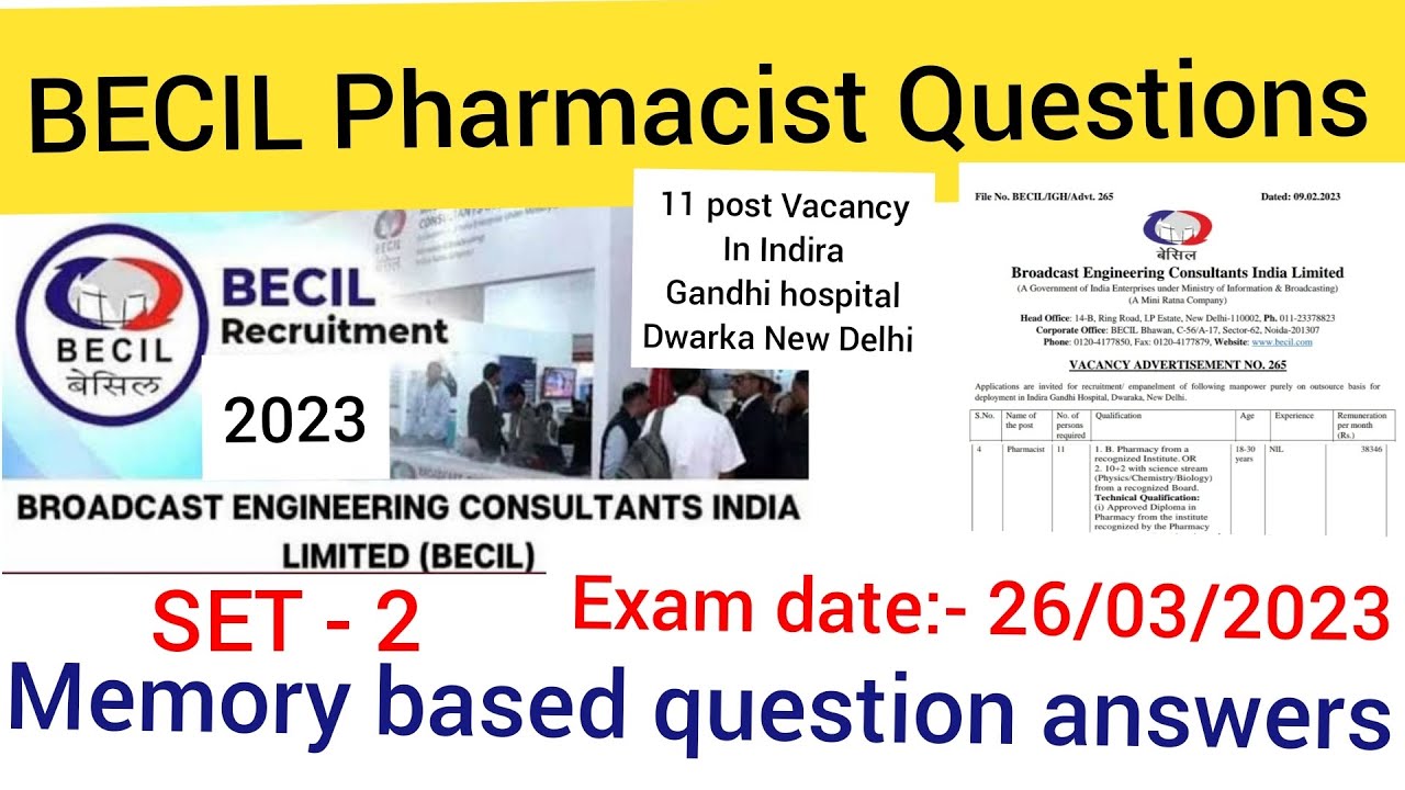 BECIL Pharmacist memory based questions answer SET 2 / 26-3-2023 / 11 post Pharmacist vacancy