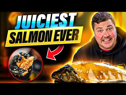 Whole salmon cooked upright over charcoal with hot honey butter sauce, from the video
