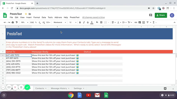 PrestoText - Send SMS text messages from a Google Sheet