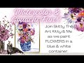 Fun  loose flowers in blue and white container using watercolor gouache and more
