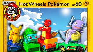 POKEMON HOT WHEELS RACE BATTLES! (Electric⚡️ Fire🔥 Grass🌱 Water💧 Type EVOLUTIONS using MEGA Bricks)