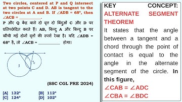 Two circles, centered at P and Q intersect at two points C and D. AB is tangent