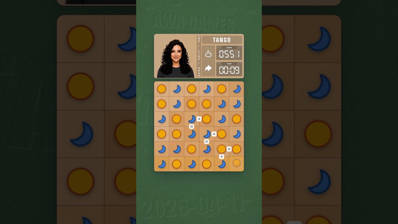 LinkedIn Tango #551 solved board for April 11, 2026, 6x6 grid