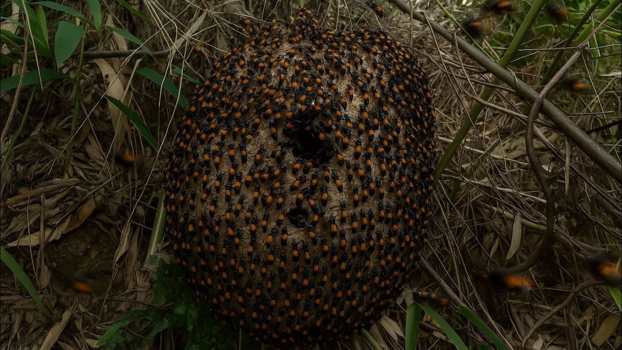 Swarm of Giant Hornets Guard a Massive Nest Deep in the Jungle
