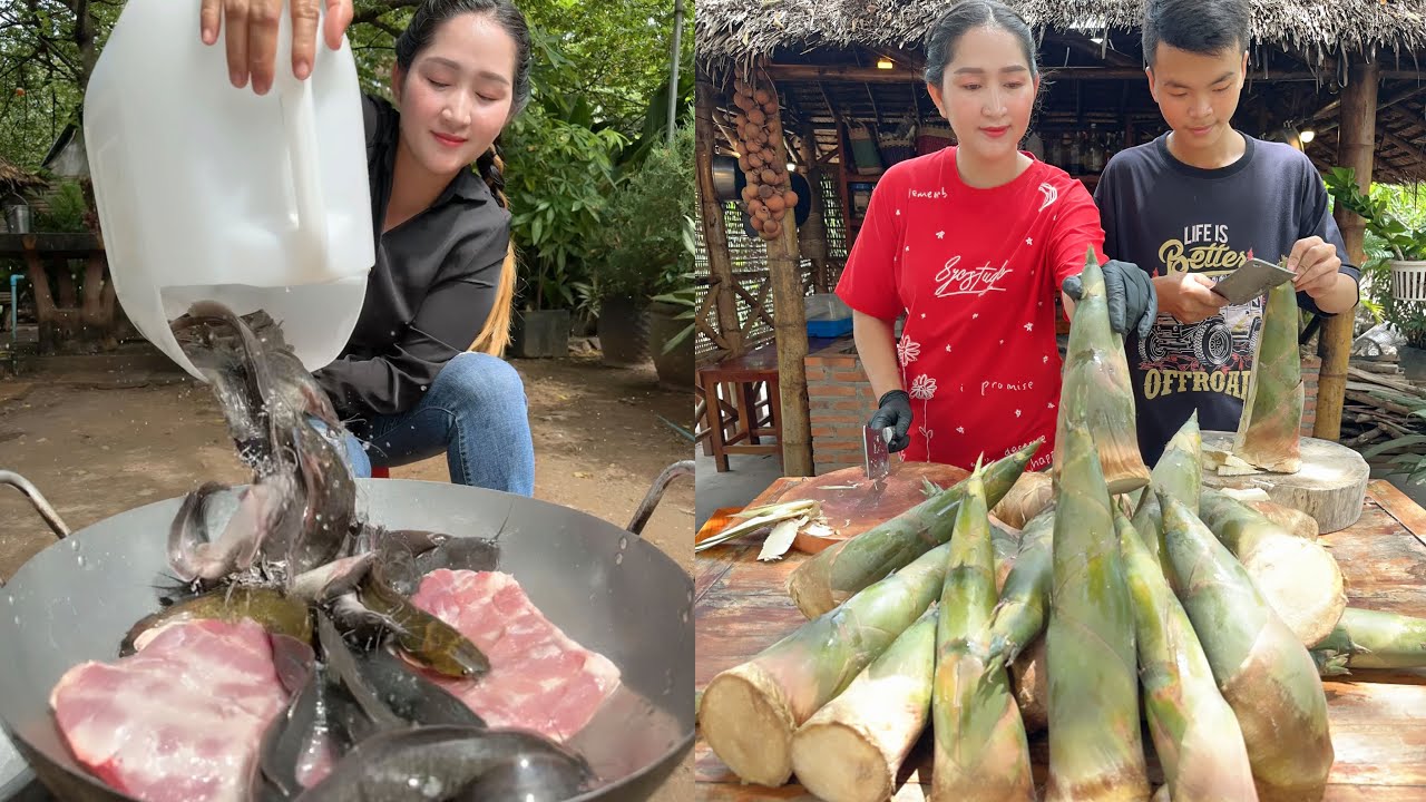 Amazing cooking: Crispy pork belly, Catfish soup, Crispy butter river prawn, Bamboo shoot pickle