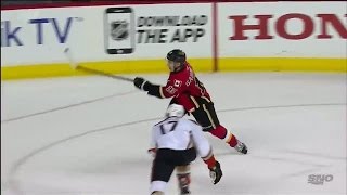 Gaudreau picks the top corner late to tie it