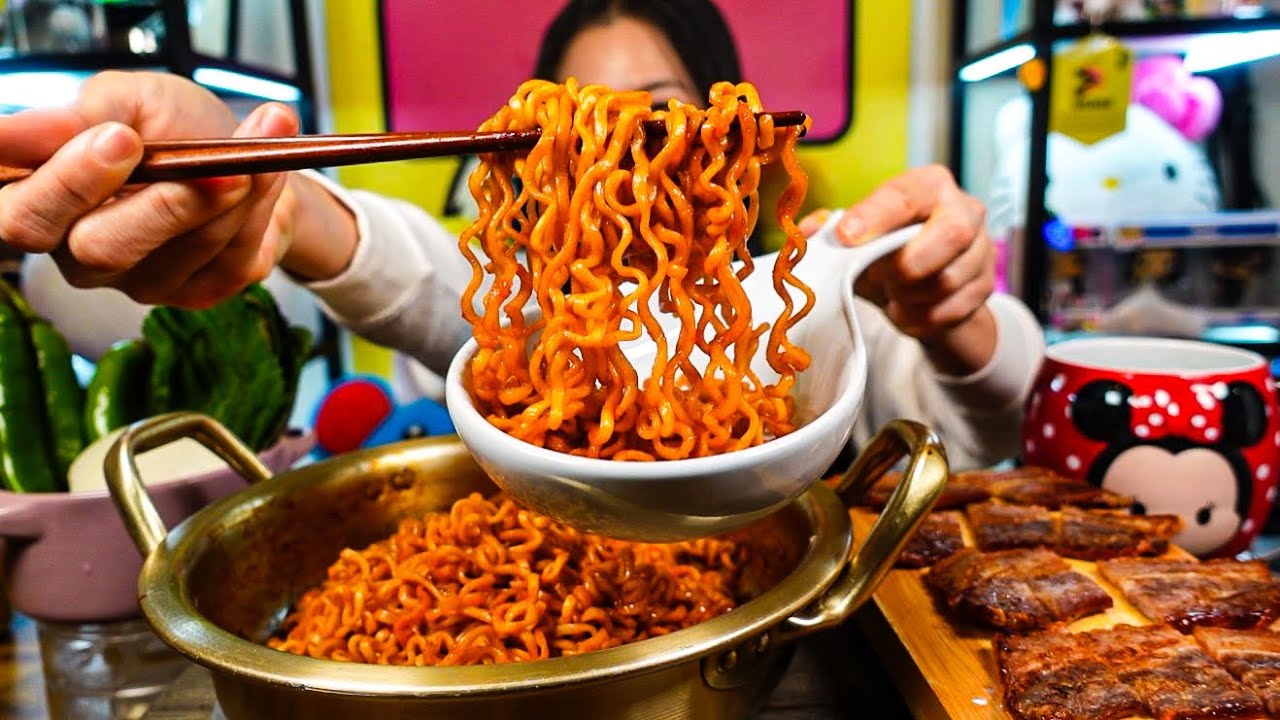 ASMR 2x Nuclear Buldak Fire Noodles But Make it Healthy l Eating Sounds