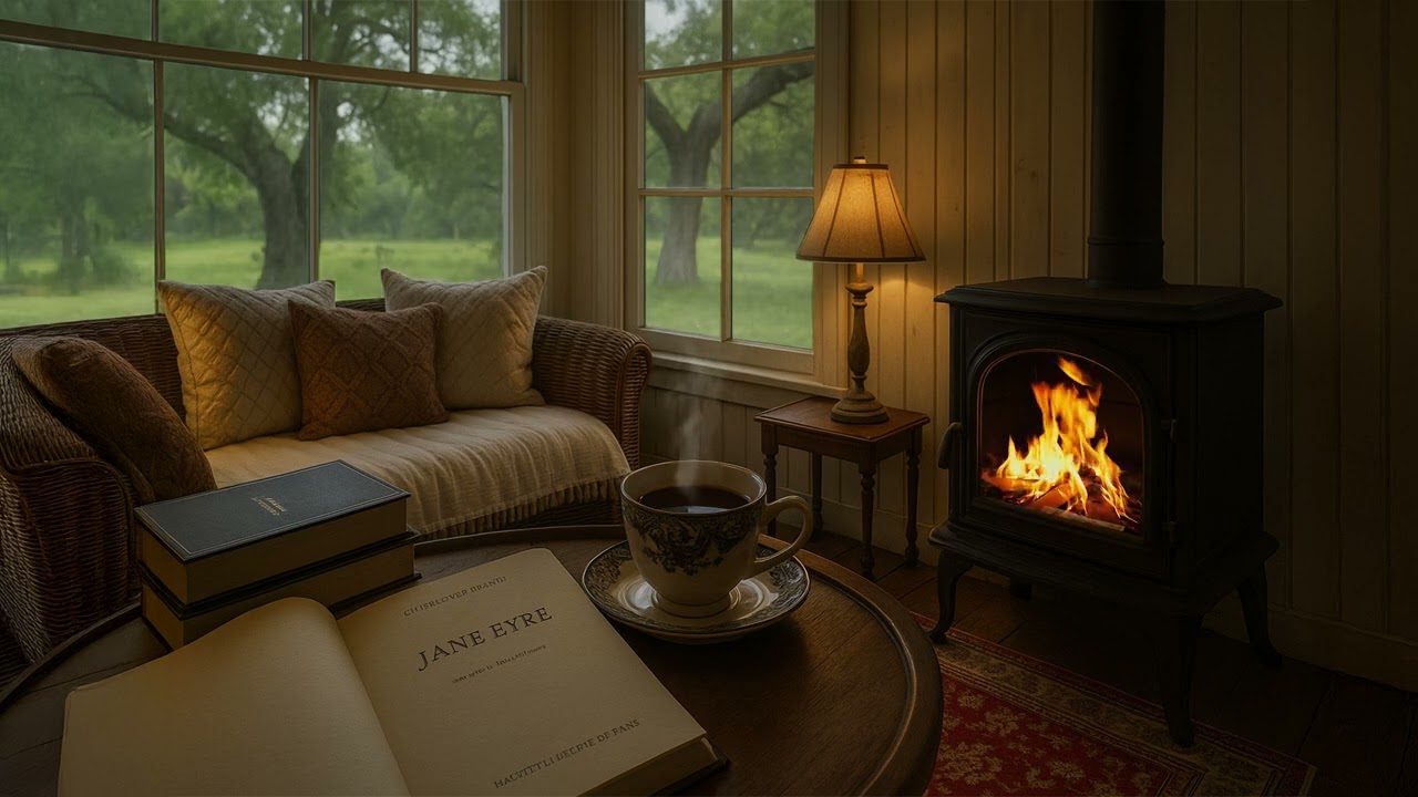 Cozy Cabin Fireplace Reading Nook | Warm Coffee, Slow Mornings & Green Outdoors