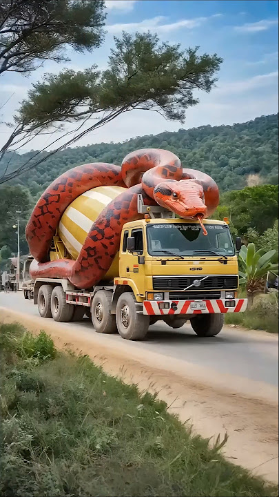Evolution of a large snake wrapped around a cement mixer truck into a sophisticated robot