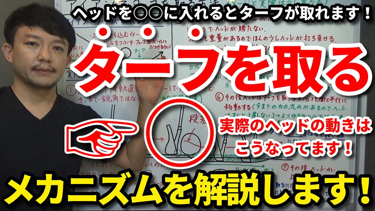 アイアンでターフを取りたい！実際のダウンブローのヘッドの動きはこなってます！上から打ち込んでもターフは取れません！ヘッドをボールの○○に入れると自然とターフが取れるメカニズムを解説します！【吉本巧】