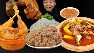 Eating Dhido Nepali Local Food With Local Chicken Curry, Buffalo Meat And Rice, Nepali Mukbang