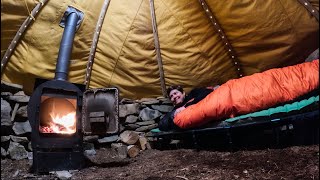 Winter Camping in a Stone Hut  Lots of Snow in Late Winter