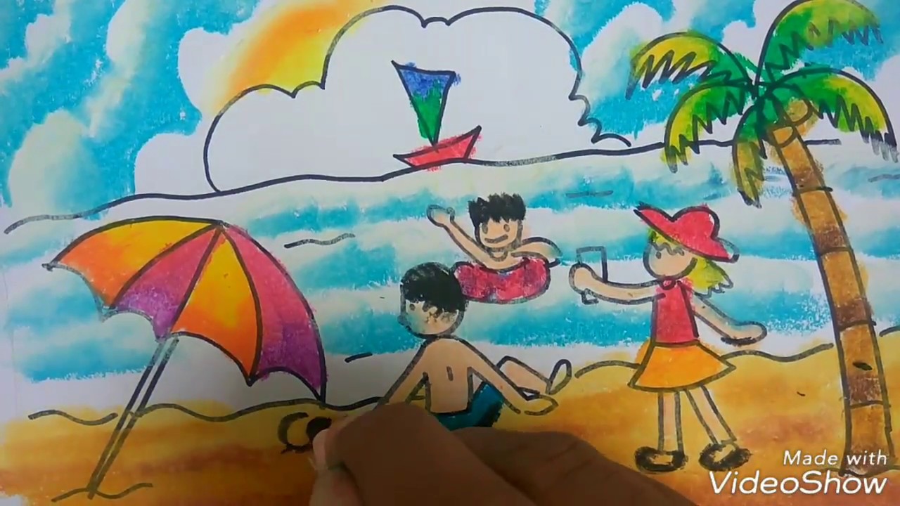 Cara Mudah Mewarnai Dengan Oil Pastel Tema Pemandangan Pantai