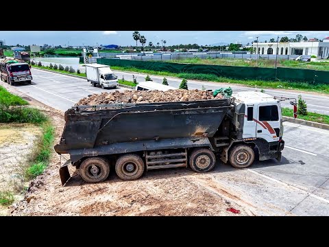 AMAZING! START LANDFILL DELETE FLOODED USE Heavy Trucks Unloading Soil & DOZER KOMATSU D41P D31 Push