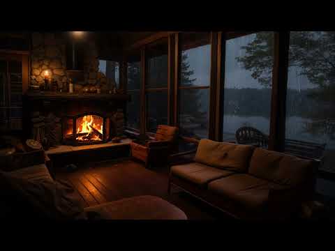Rainy Lakeside Cabin with Fireplace 🔥 Calm Night Ambience for Better Sleep