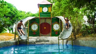 Build Large Clock Tower With Swimming Pool Water Slide Around Secret Underground House