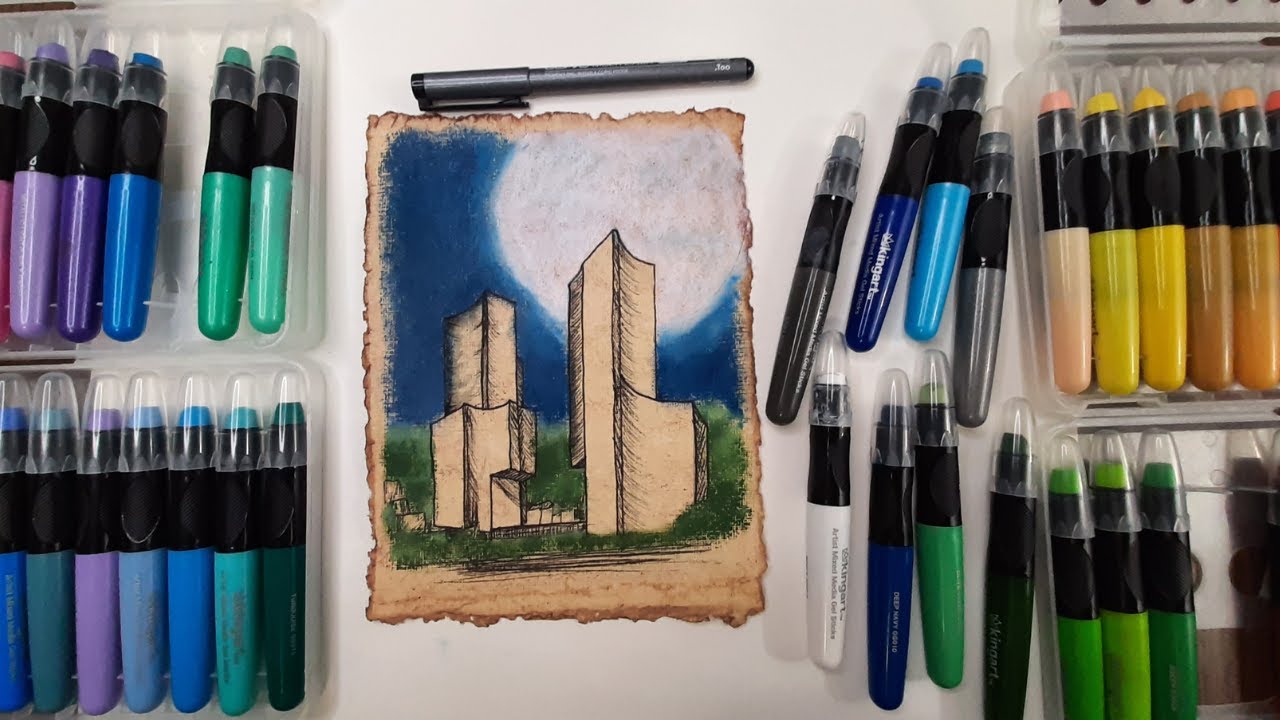 Let's draw a City Skyline 🏙️ Ink Pen & KINGART ARTIST MIXED MEDIA GEL STICKS on handmade