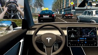City Car Driving - Tesla Model 3 Performance [Steering Wheel Gameplay] screenshot 2