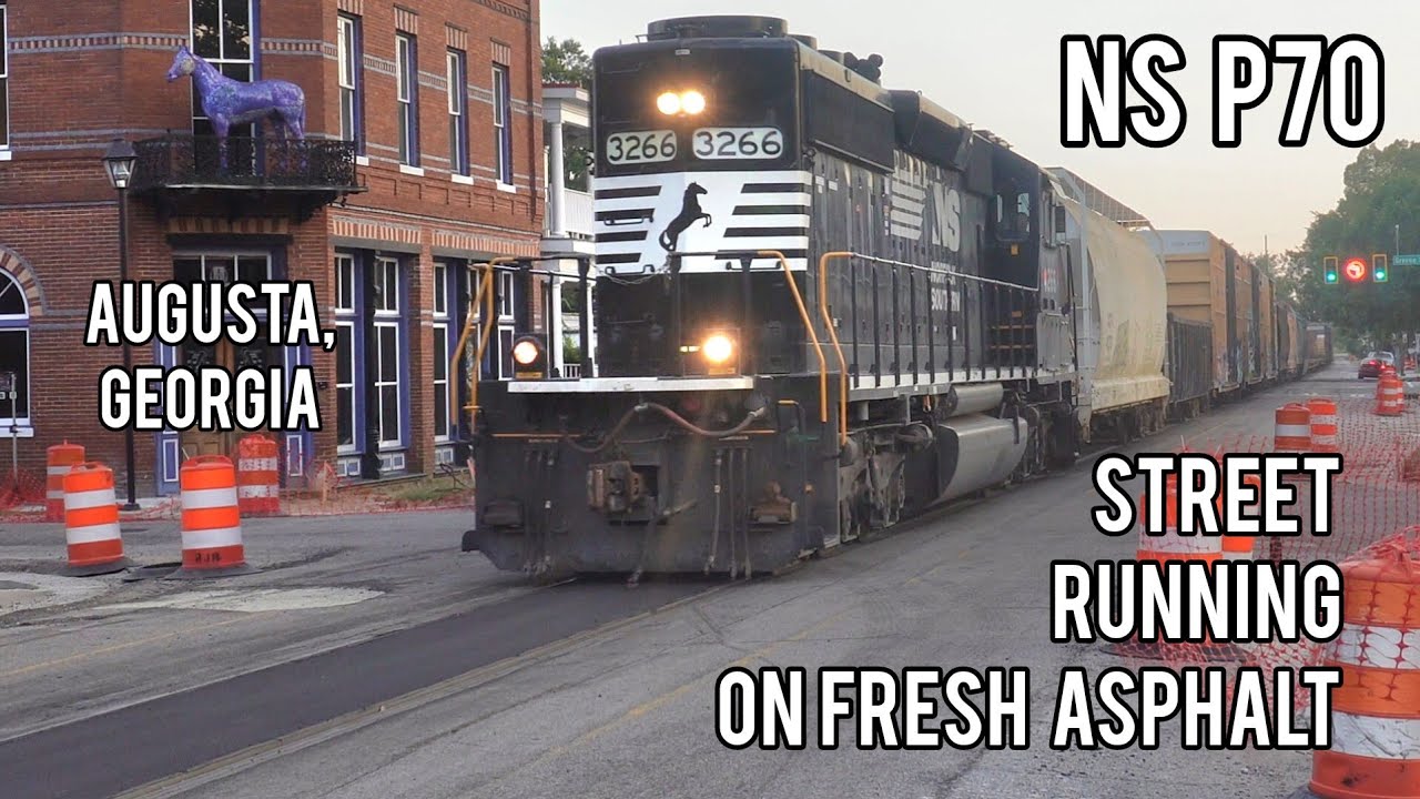 Streetrunning over Fresh Asphalt, Norfolk Southern P70 passes Work Zone, Augusta, GA  - 09-10-2024