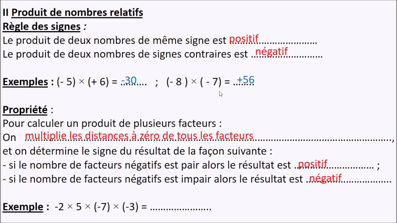 Exercice Nombre Relatif 4ème Avec Correction