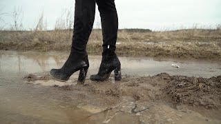 Sexy High Heels BOOTS in THE mud and DIRTY puddles, Boots Stuck in SLIPPY Mud, Abused Boots (# 717)