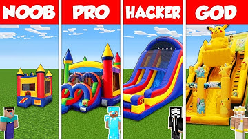 Minecraft Battle: NOOB vs PRO vs HACKER vs GOD: BOUNCY CASTLE HOUSE BASE BUILD CHALLENGE / Animation