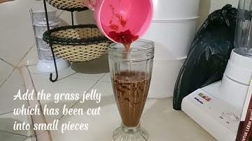 Text procedure, how to make grass jelly cappuccino drink.
