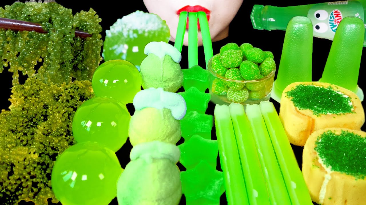 ASMR💚그린 디저트 파티(바다포도,닉클립 스틱, 크림롤)먹방*GREEN DESSERT PARTY(JELLY, NIK-L-NIP STICK,CREAM ROLL)MUKBANG💚