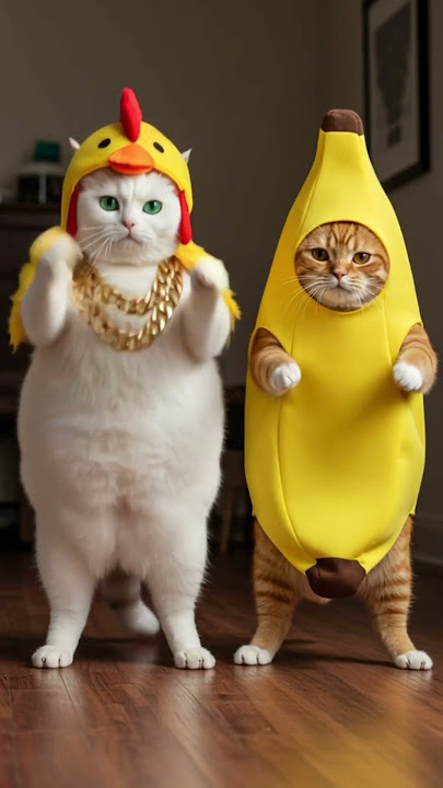 Chubby Cute Cat Does the Chicken Banana Dance Challenge! 🐔🍌v2 #shorts