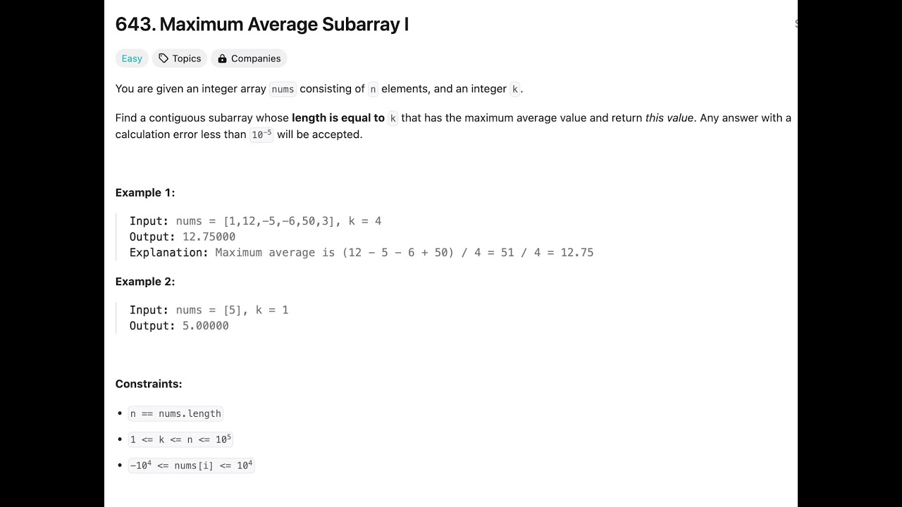 643. Maximum Average Subarray - YouTube