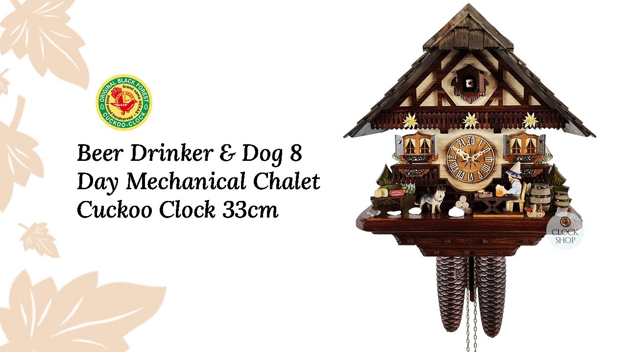 Beer Drinker & Dog 8 Day Mechanical Chalet Cuckoo Clock 33cm By HEKAS