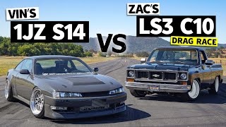 Vin vs Zac Showdown! 1JZswapped 240sx races Boomhauer the LS3swapped Chevy C10 // THIS vs THAT