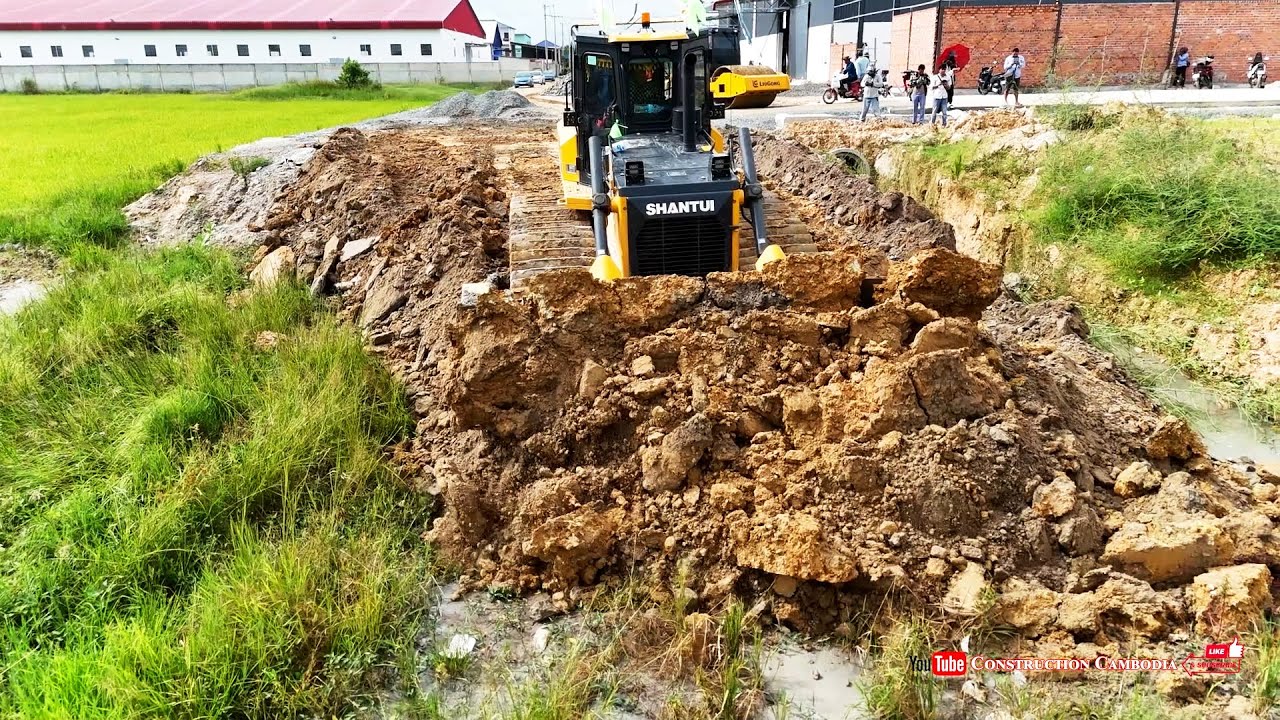 Extreme Shantui Bulldozer Clearing Huge Land And Hyundai Dump Trucks Dumping Stones Build Foundation